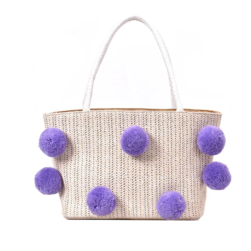 
Beach Shopping Cute Colourful wool Ball Medium handmade Straw handbag for Maiden Women 