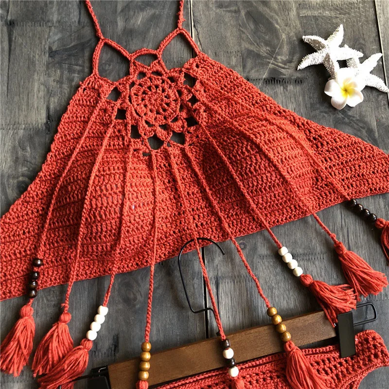 
Hot sale high quality Australian fashion GIRL SEXY beachwear handmade tassel halter swimsuit tops crochet women bikini 