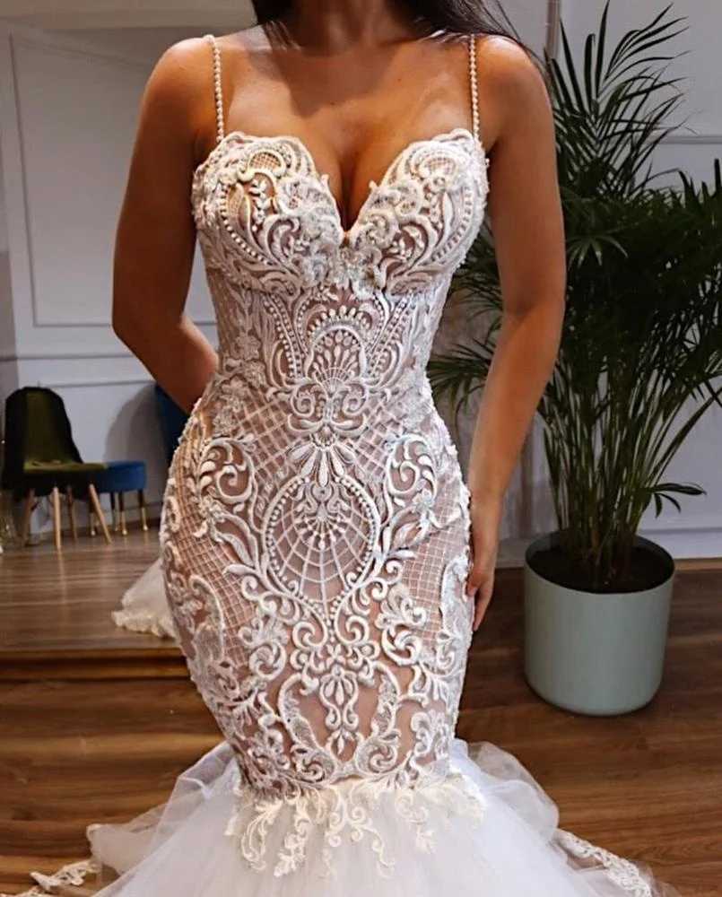 
Bridal Mermaid Wedding Dresses 2019 Sexy Spaghetti Strap Wedding Dress Bridal Gown with Latest Pattern Lace 
