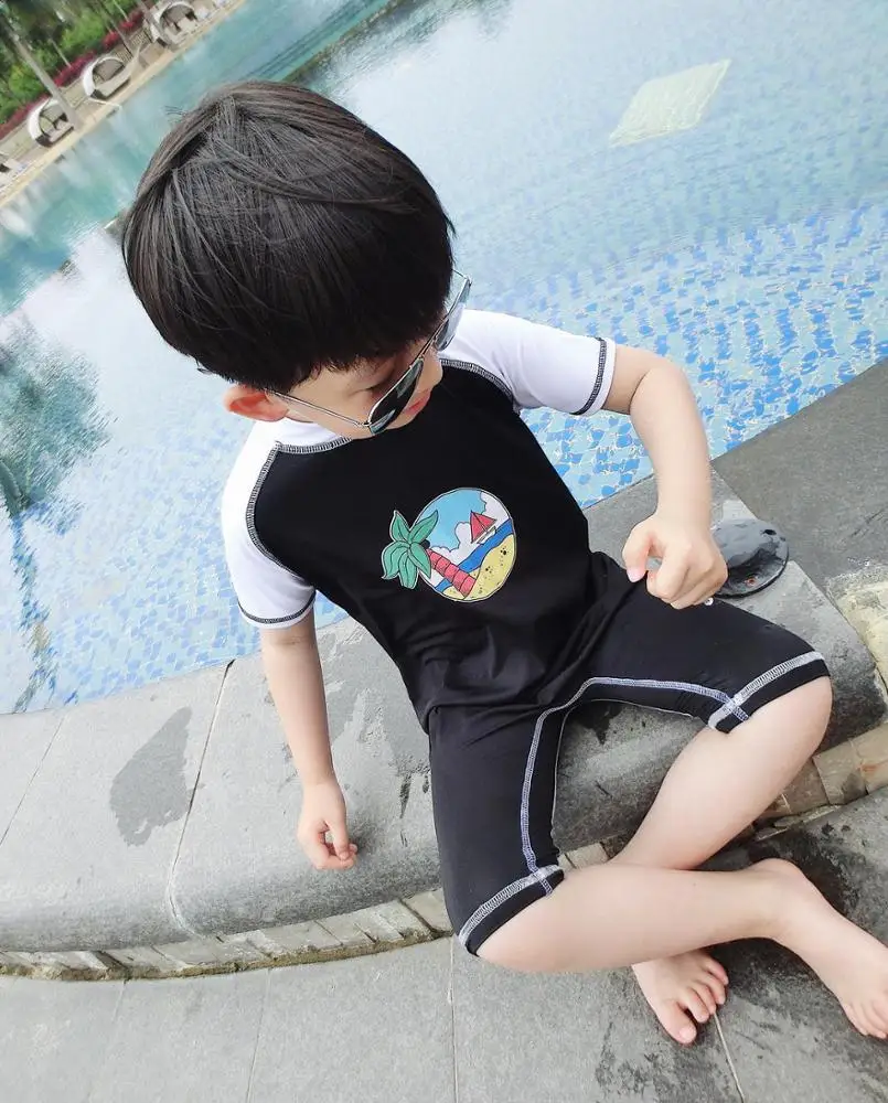 Beach Boys One-Piece Swimwear For Children With Cartoon Character + Cap Boys Swimwear Kids Swim Trunks Baby Swimming Swimsuit