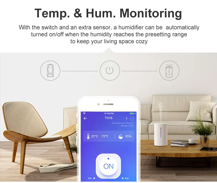SONOFF TH10 WiFi Smart Light Switch Wireless Remote Timer Voice Control Smart Home Automation With Temperature Humidity Monitor
