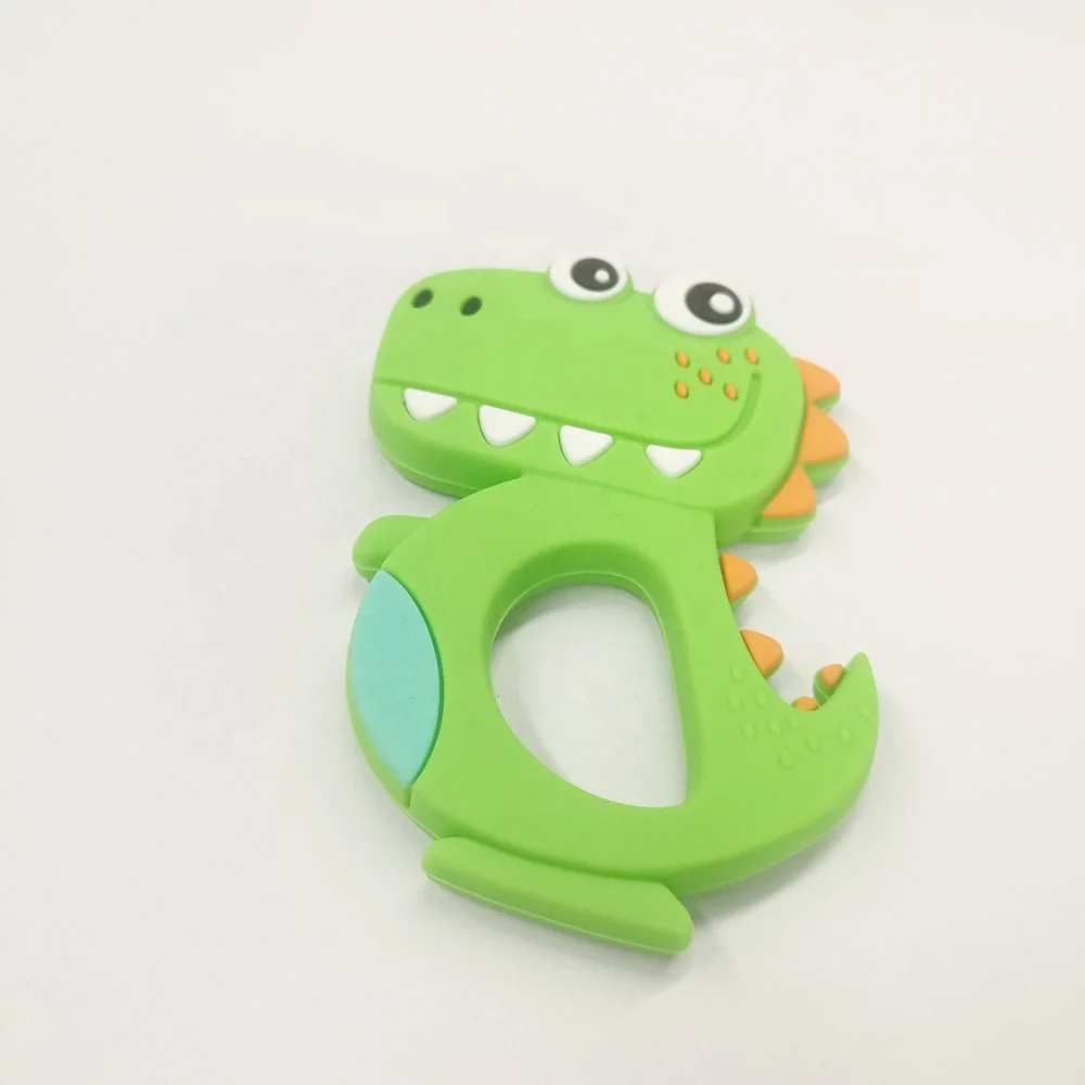 Wholesale customized colorful dinosaur food grade silicone teether child baby chew teething ring toys