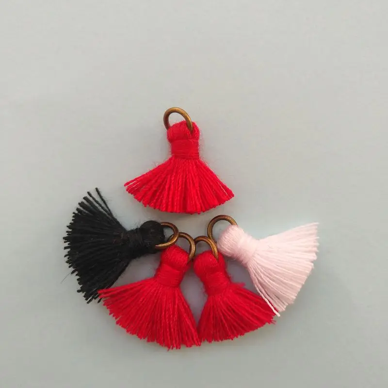 NANA high quality more than 700 colors 1.5cm mini cotton tassels with bronze ring for jewelry , tassel cotton