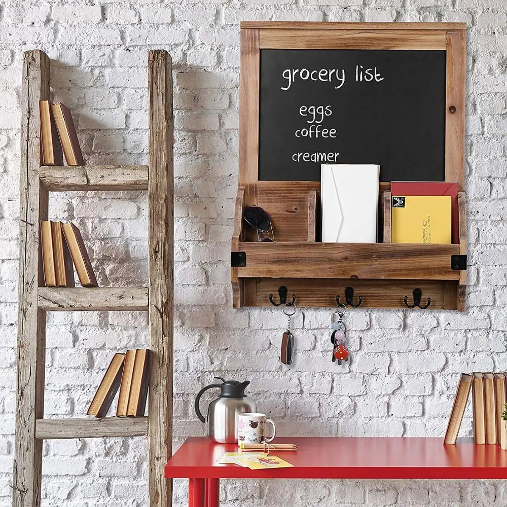 Rustic Burnt Wood Wall Mounted Entryway Mail Organizer with Chalkboard Sign & Key Hooks