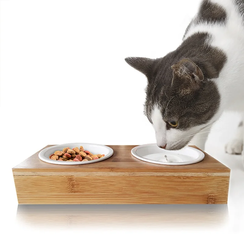 Ceramic Bowl Small Pet Dog Bamboo Wooden Bowl Elevated Stand Feeder Dining Table with White Double Cat Bowls