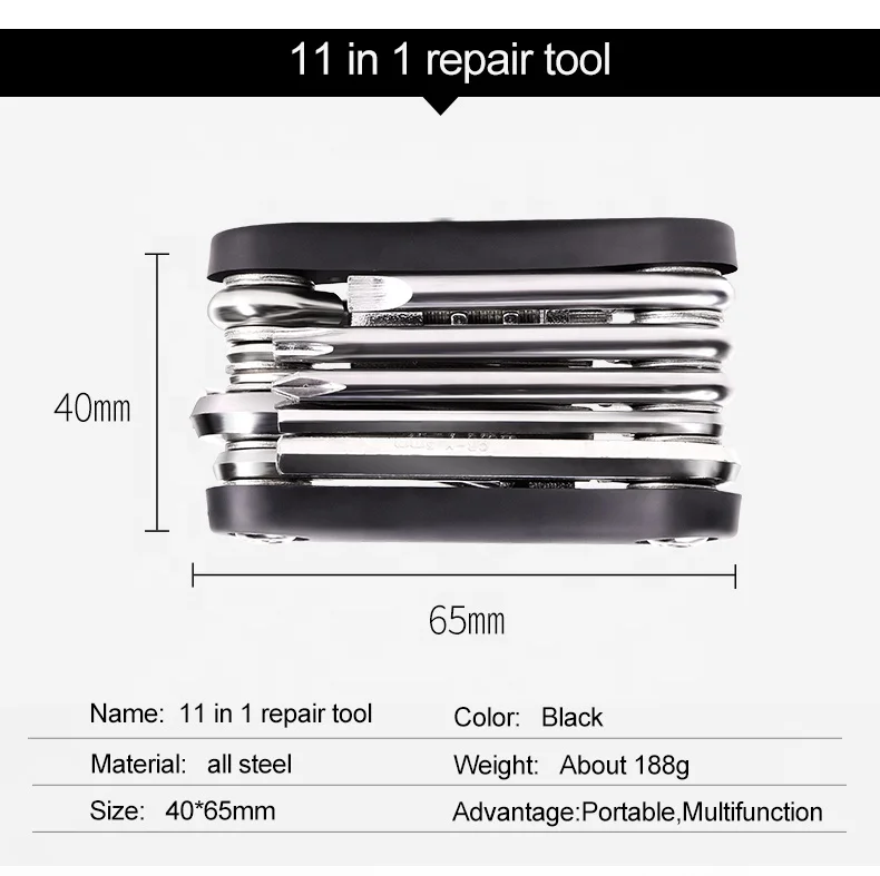 Оптовая продажа, портативный многофункциональный инструмент для ремонта велосипедов, 11 в 1