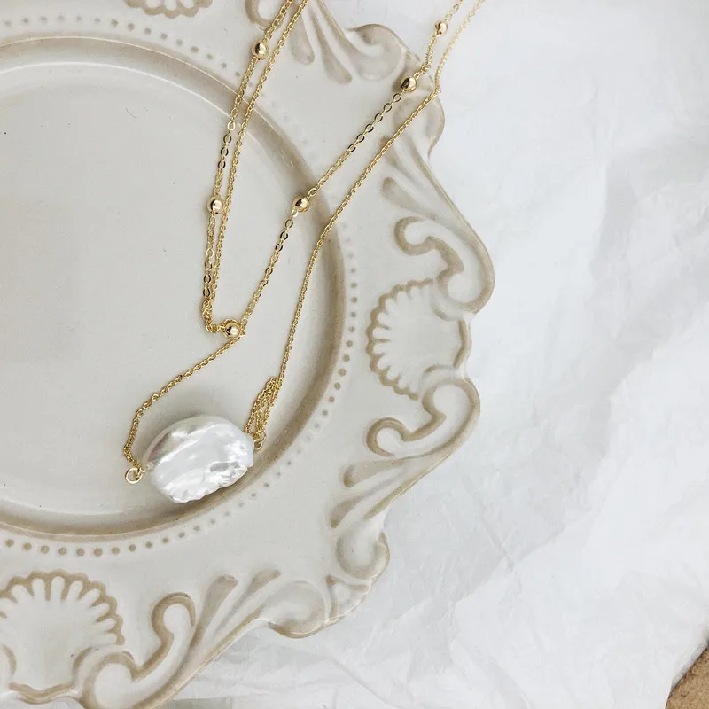 girls real 18k gold plated brass chain baroque irregular pearl necklace double multilayer gold plated real freshwater necklace