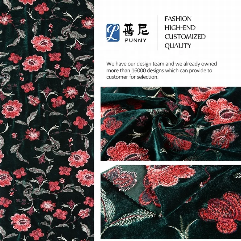 Custom design floral embroidered american green velvet fabric wholesale for clothes