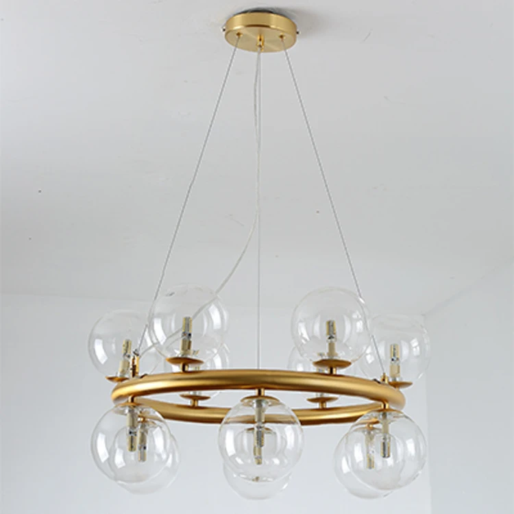 Wholesale Golden Iron Frame Golden Chandelier Modern Nordic Type CE Certificate Round Pendant Lamp with Glass Globes
