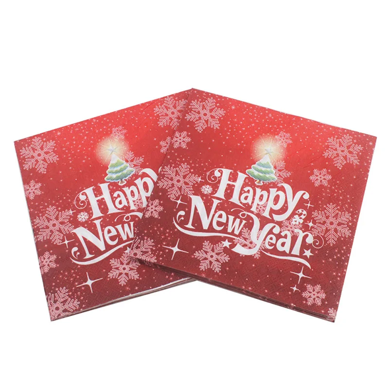Food-grade Merry Christmas And Happe New Year Paper Napkins Tissue Napkin Servilleta For Christmas Party Decor 33*33cm Or Custom