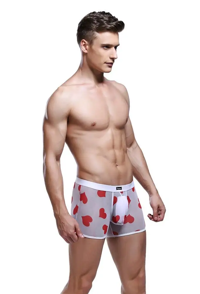 
print heart transparent mesh sexy underwear boxer briefs for men 