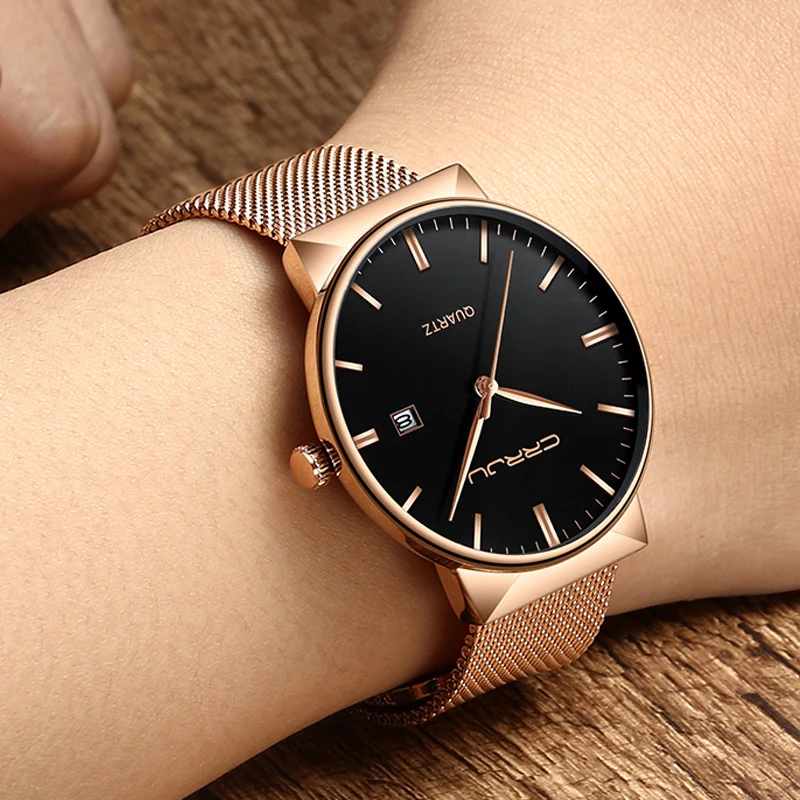 
Wholesale CRRJU Mens Watches Top Luxury brand steel Slim Quartz Black Watch For Men 