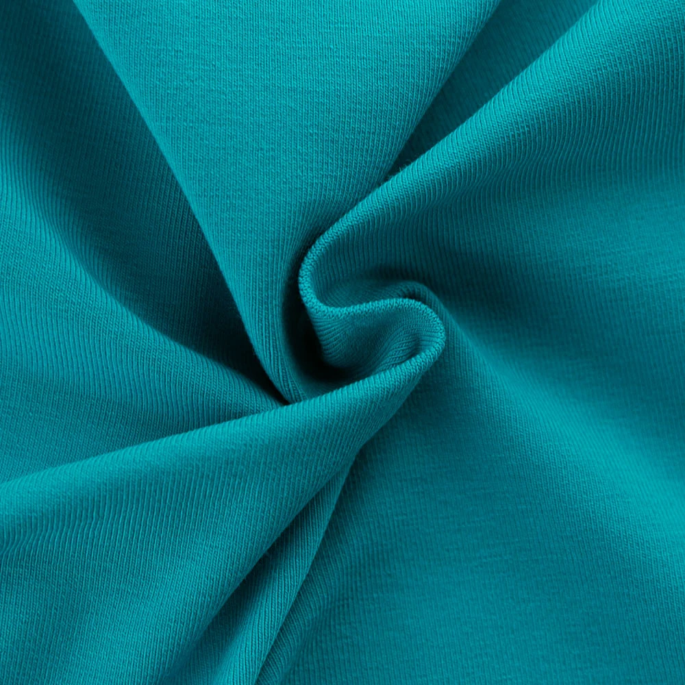 
In Stock blue solid color CPSIA approved 95% cotton 5% lycra stretch single jersey fabric 