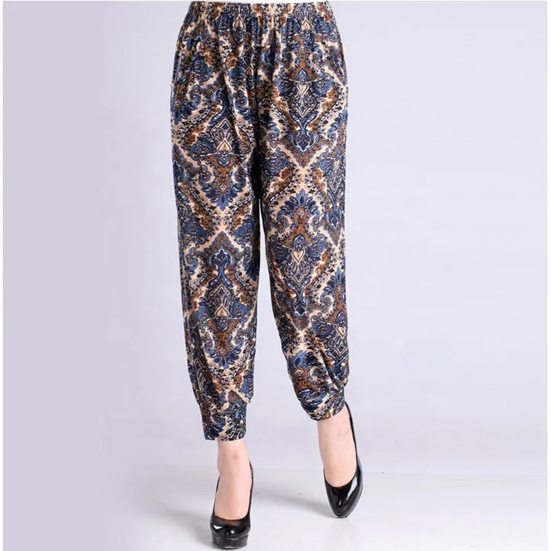 Women Casual Wear Printed Ice Silk Knickers Breathable Cooling Harem Pants
