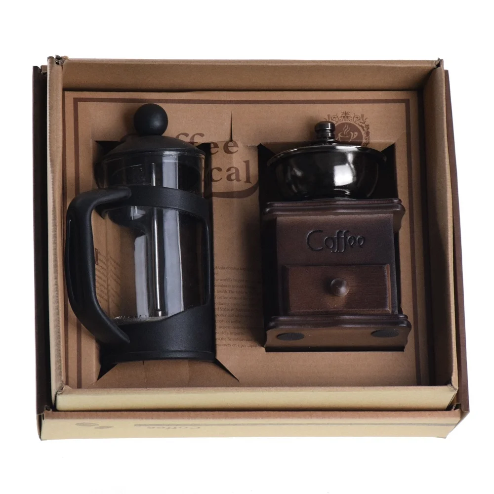 T1000 Kitchen Accessories Wholesale Amazon Coffee Accessories Gift Box Wood Coffee Grinder+ 350ml Glass French Press