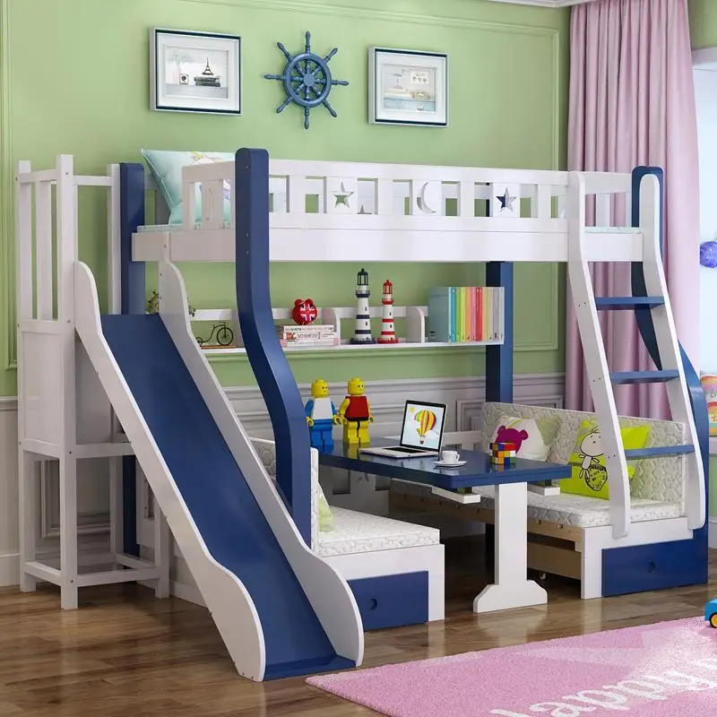 Colorful Pine Solid Wood Convertible Multifunction Wooden Children Dormitory Bunk Bed Kids Bunk Bed With Slide
