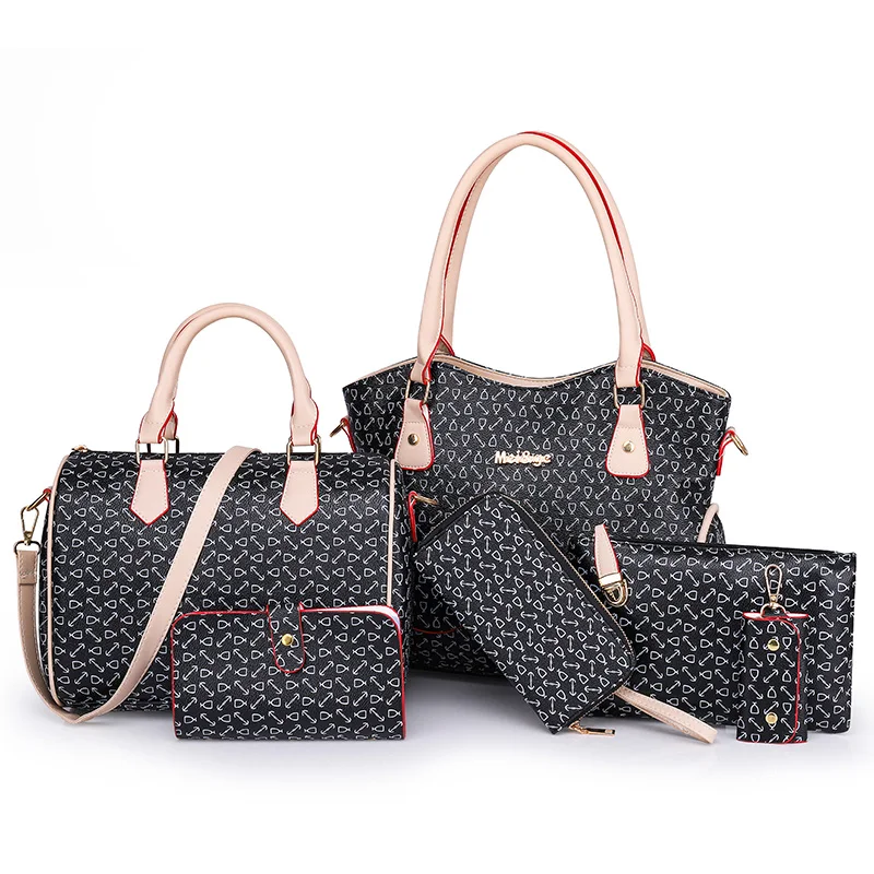 China Custom Printing Ladies Handbag Set 6pcs In 1 Metal Hardware Crosshatched Leather Women Bag Purse Handbag Manufacturing