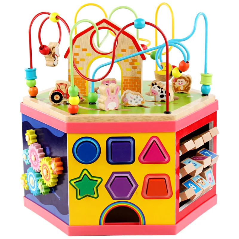 wholesale Hexagon shape wooden bead maze shape block with gear paly game activity toys 7 in1 educational toys WTB22