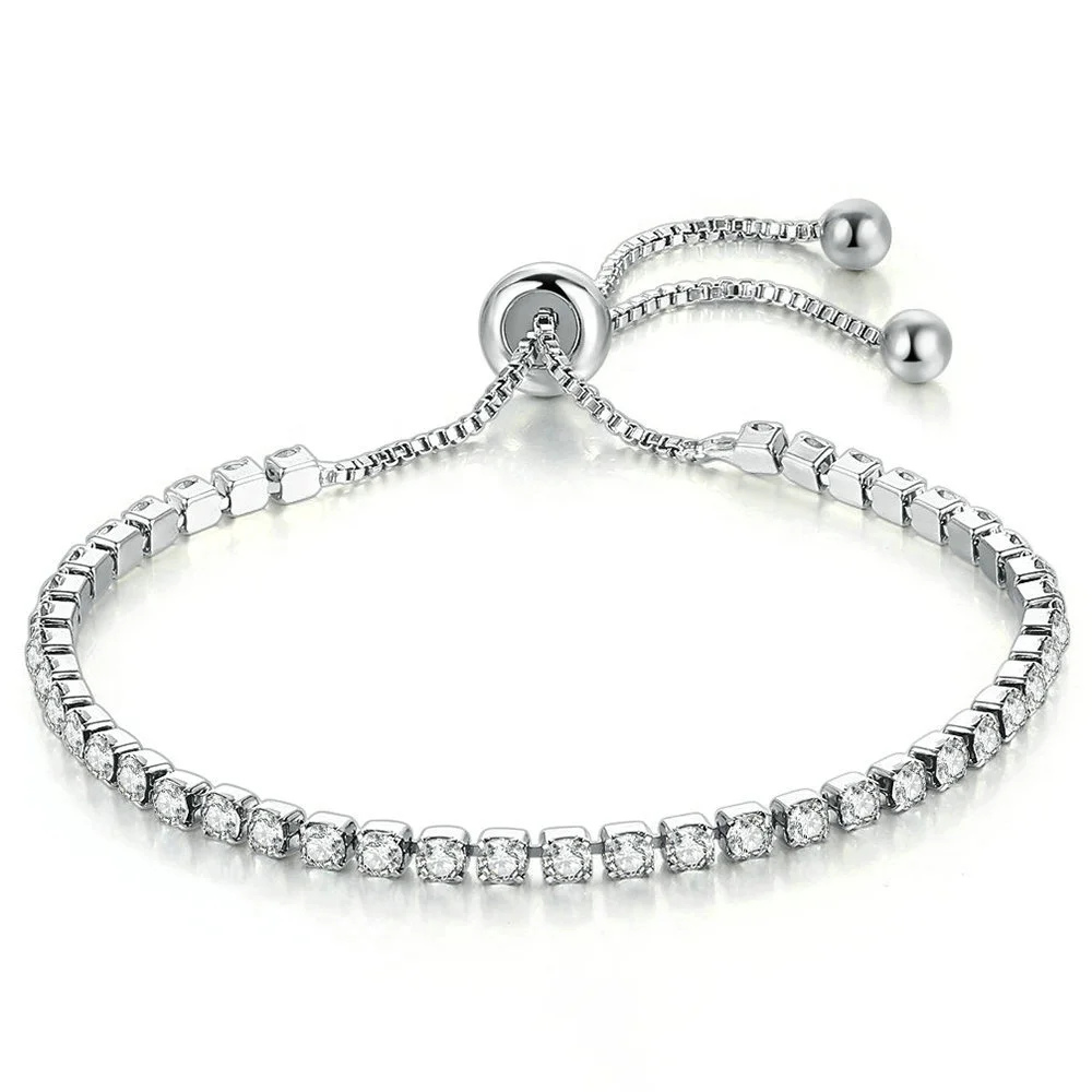 Оптовая торговля, в наличии небольшое минимальное кол-во в заказе Новая модная Высококачественная обувь с покрытием 18-ти каратным белым золотом, 2,5 мм циркон Теннисный браслет регулируемый H095-M