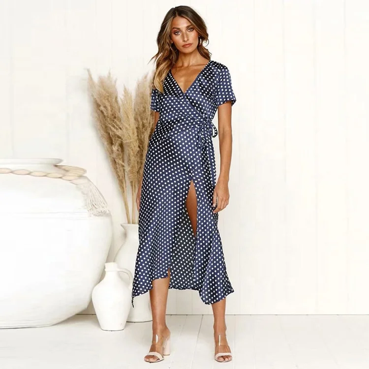 2019 Summer Women Long High Split Navy Blue Polka Dot Print Maxi Dress