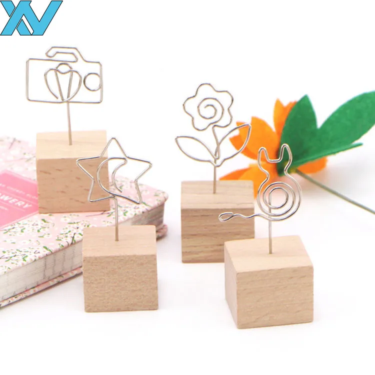 Desktop Metal Stainless Steel envelope Memo Clip Holder wooden base