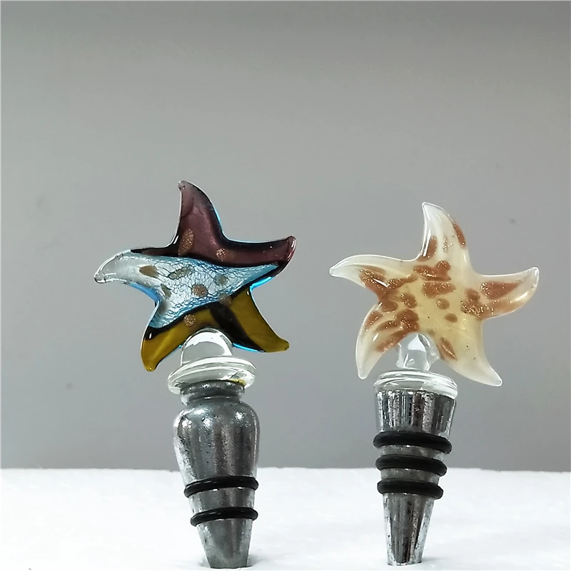 decorative colorful seastar murano glass wine bottle stopper