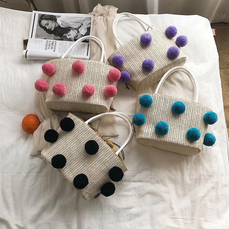 
Beach Shopping Cute Colourful wool Ball Medium handmade Straw handbag for Maiden Women 