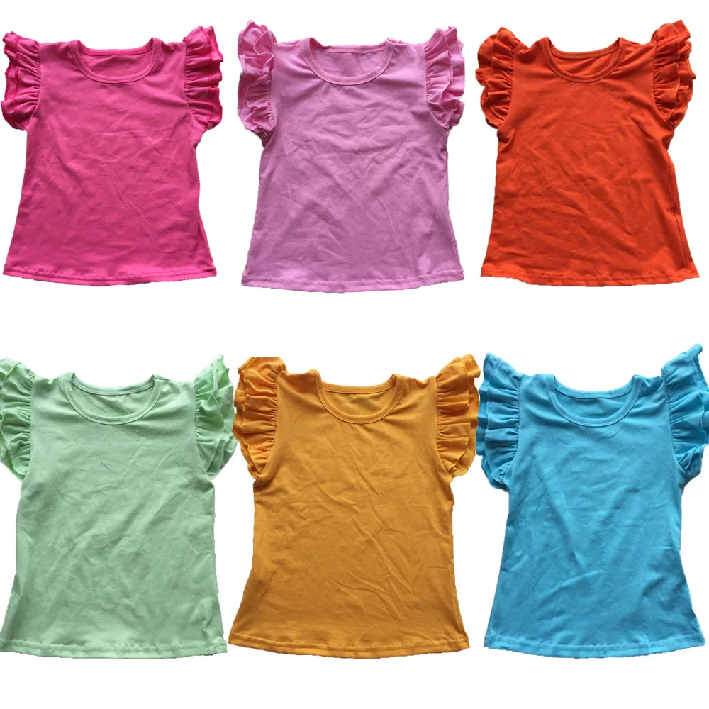 
2020 Hot Selling Kids Plain Sleeveless T Shirts Wholesale Cheap Summer Baby Girls Ruffle Tops For Children 