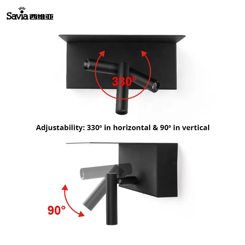 Savia modern USB book reading LED wall lamp surface mounted light headboard bedside bed adjustable for hotel bedroom