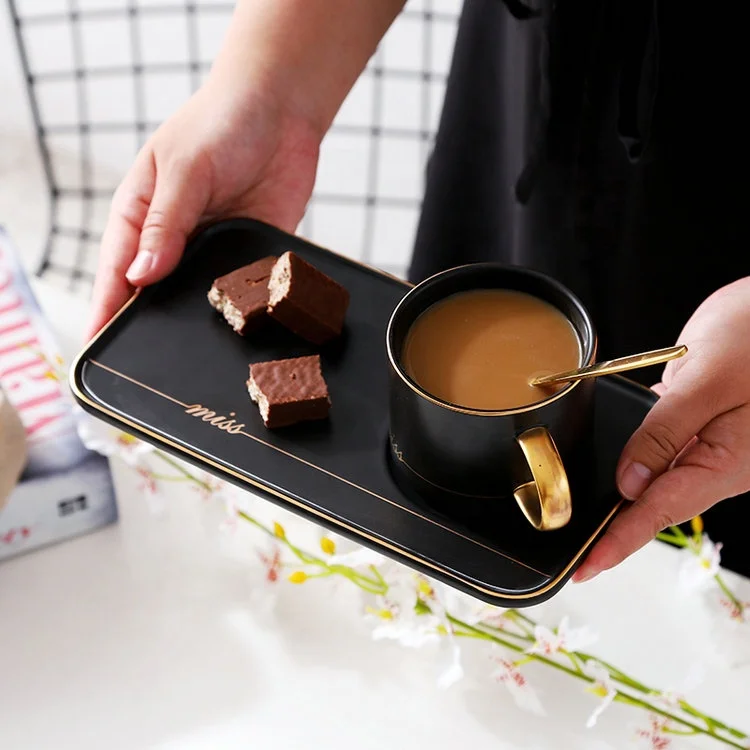 Wholesale home goods breakfast couple ceramic stoneware coffee cup saucer with golden intersperse