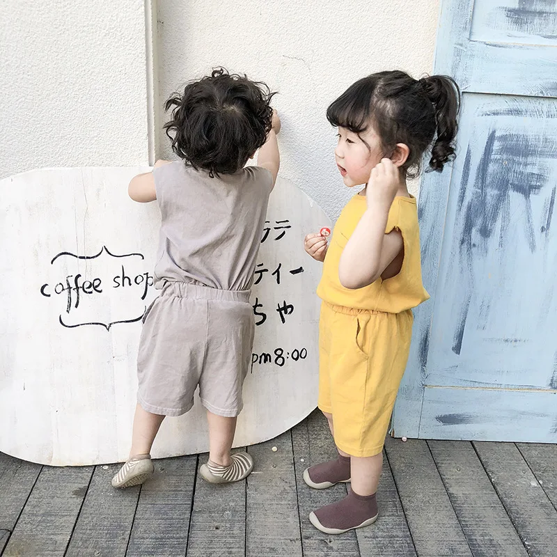 2020, детская одежда, детские однотонные комплекты, футболка без рукавов и шорты, костюм из чистого хлопка