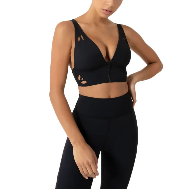 New Design Women Sexy Nylon Spandex Laser Cut Front Zipper Sports Bra