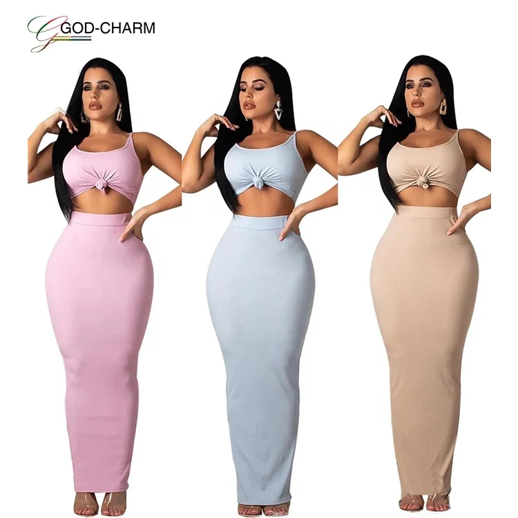 G-86611S   Wholesale Sexy Women solid crop top and long bodycon skirt two piece set