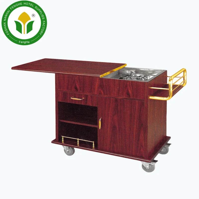 Hotel single gas stove solid wood cooking cart flambe trolley