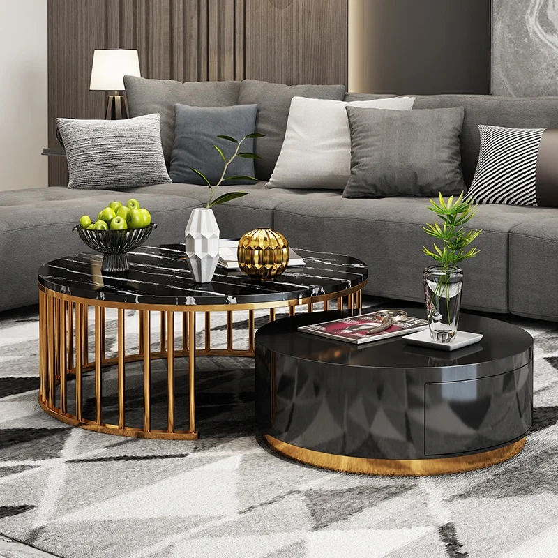 Marble top Solid wood coffee tables metal gold  Round Shape Living Room Furniture Tea Table  with storage Factory Wholesale
