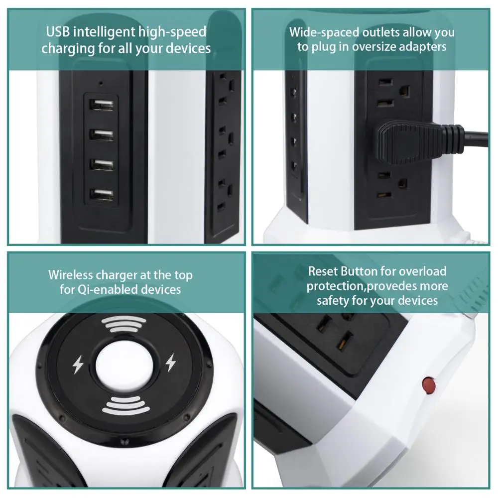 US Wireless Power Extension Socket Tower USB charging Socket