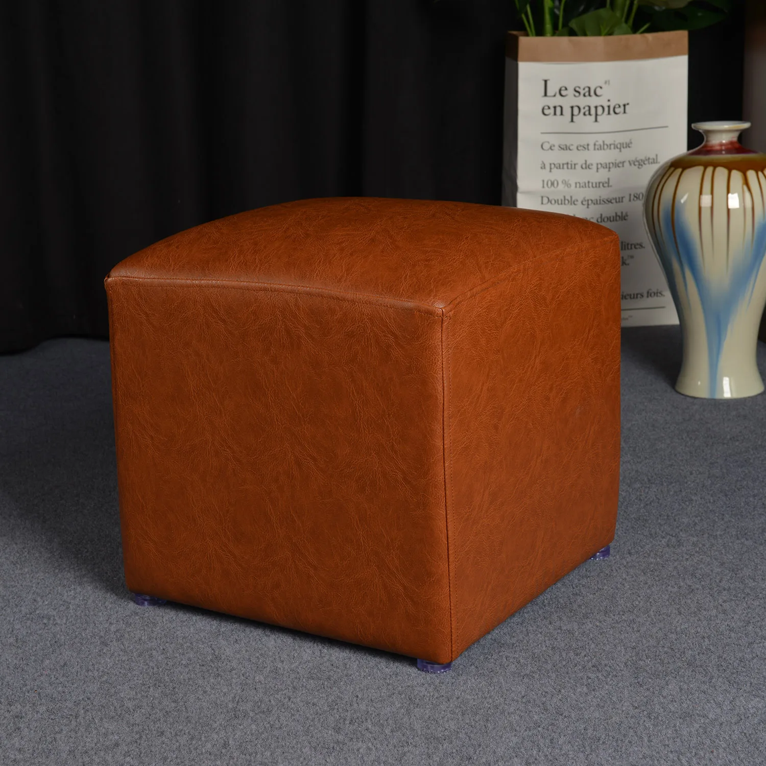 Square footstool living room pu cowhide leather stool ottoman pouf