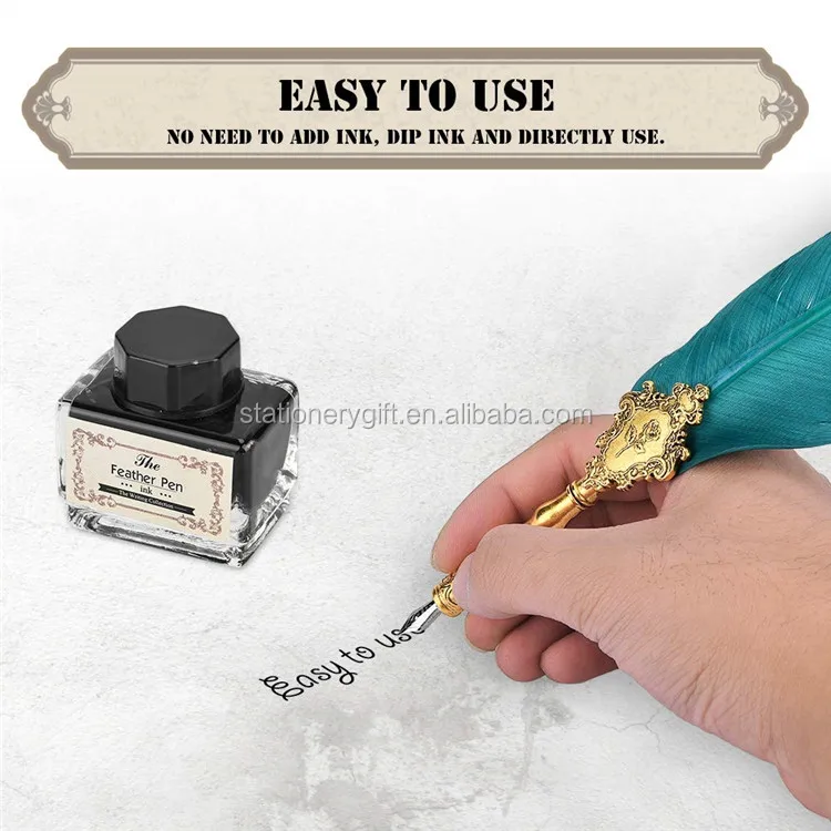 Feather Pens with Base Retro Classical Fountain Pen Old European Style Feather Dip Creative Writing Pen Ink Bottle Set Gift Box