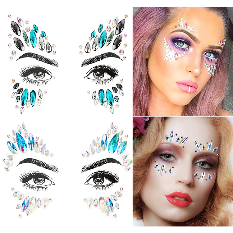 Fashion custom design rhinestone jewels temporary tattoo face gem makeup sticker for party