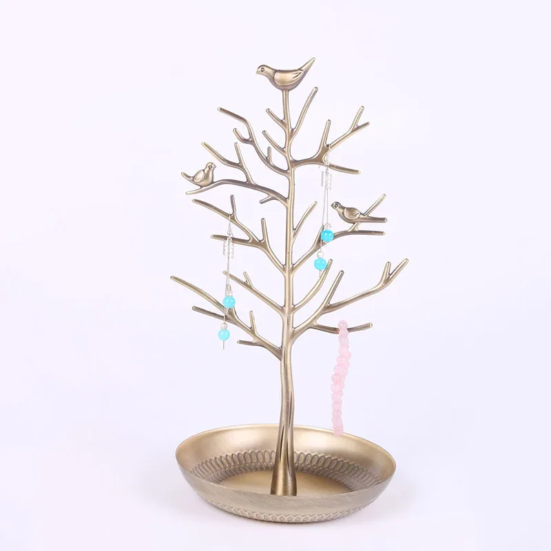 Женские стеллажи для хранения, домашний декор, оптовая продажа, органайзер из сплава для сережек, ожерелий, стеллаж для украшений с птицами, деревом