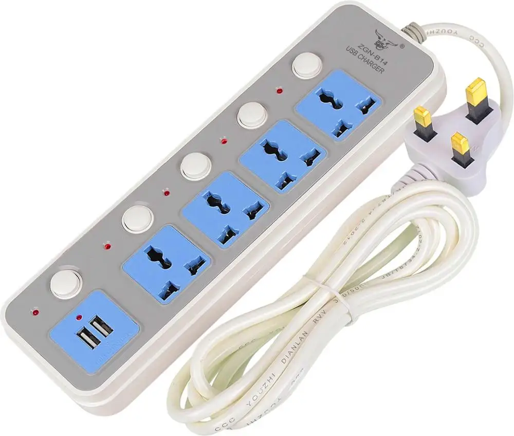 UK Plug 7 Way Universal Switched Power Strip Electrical USB Extension Socket
