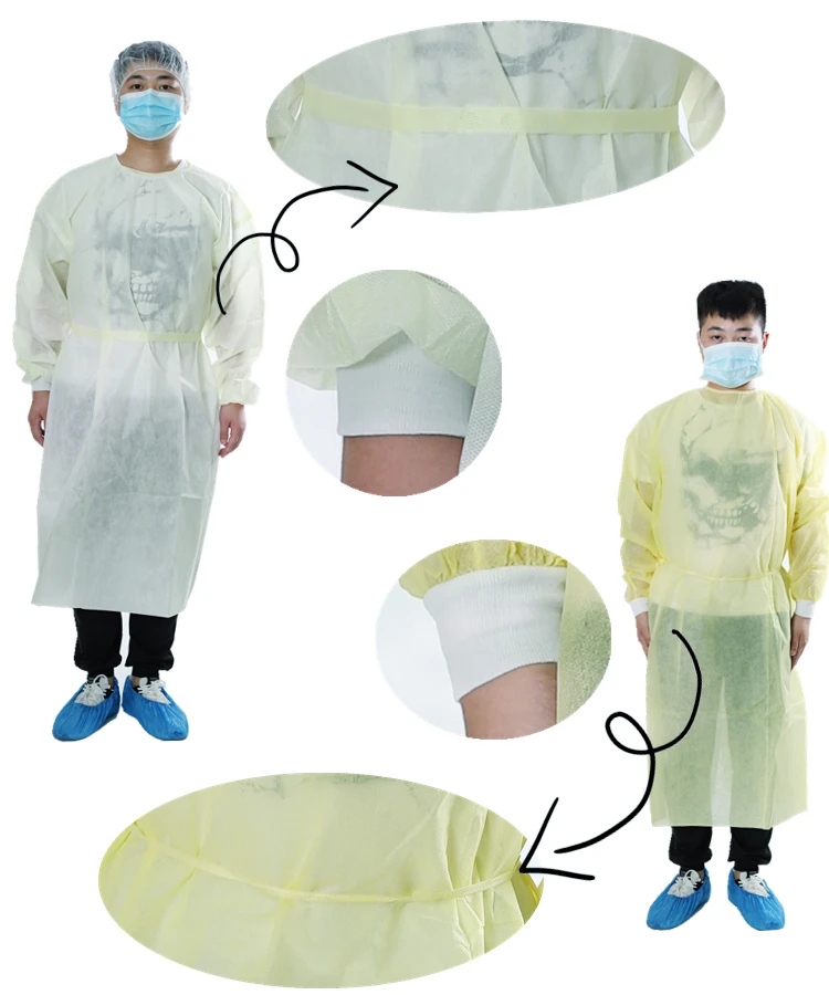 
Light Yellow PP Non-woven Disposable Isolation Gown With Knitted Cuffs 