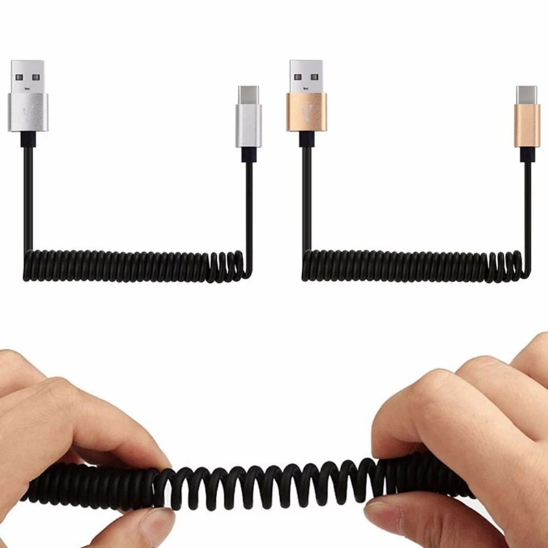 1 PC Spring Coiled USB-C Type C Male To USB Female Data Sync Charging Cable Cord