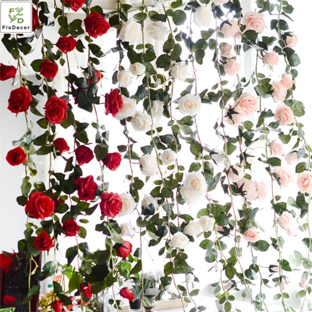 High Quality 180cm Artificial Rose Vine Silk Flower Garland of Rose Wedding Decoration Wreath Party Hotel Backdrop