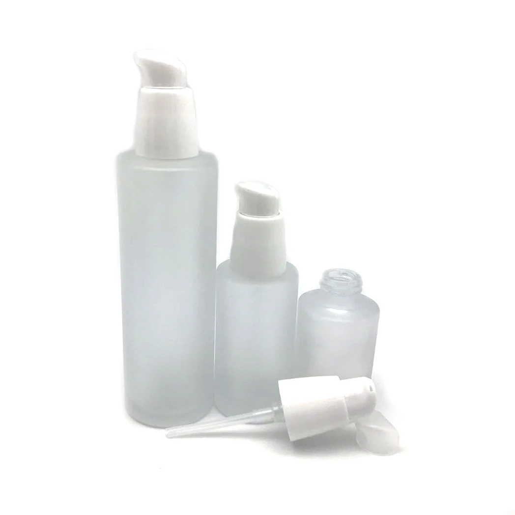 Lotion Bottles 30g Cosmetic Glass Jar in Frosted Bottle 30ml 50ml 100ml Glass with White Pump PUMP Sprayer Screen Printing