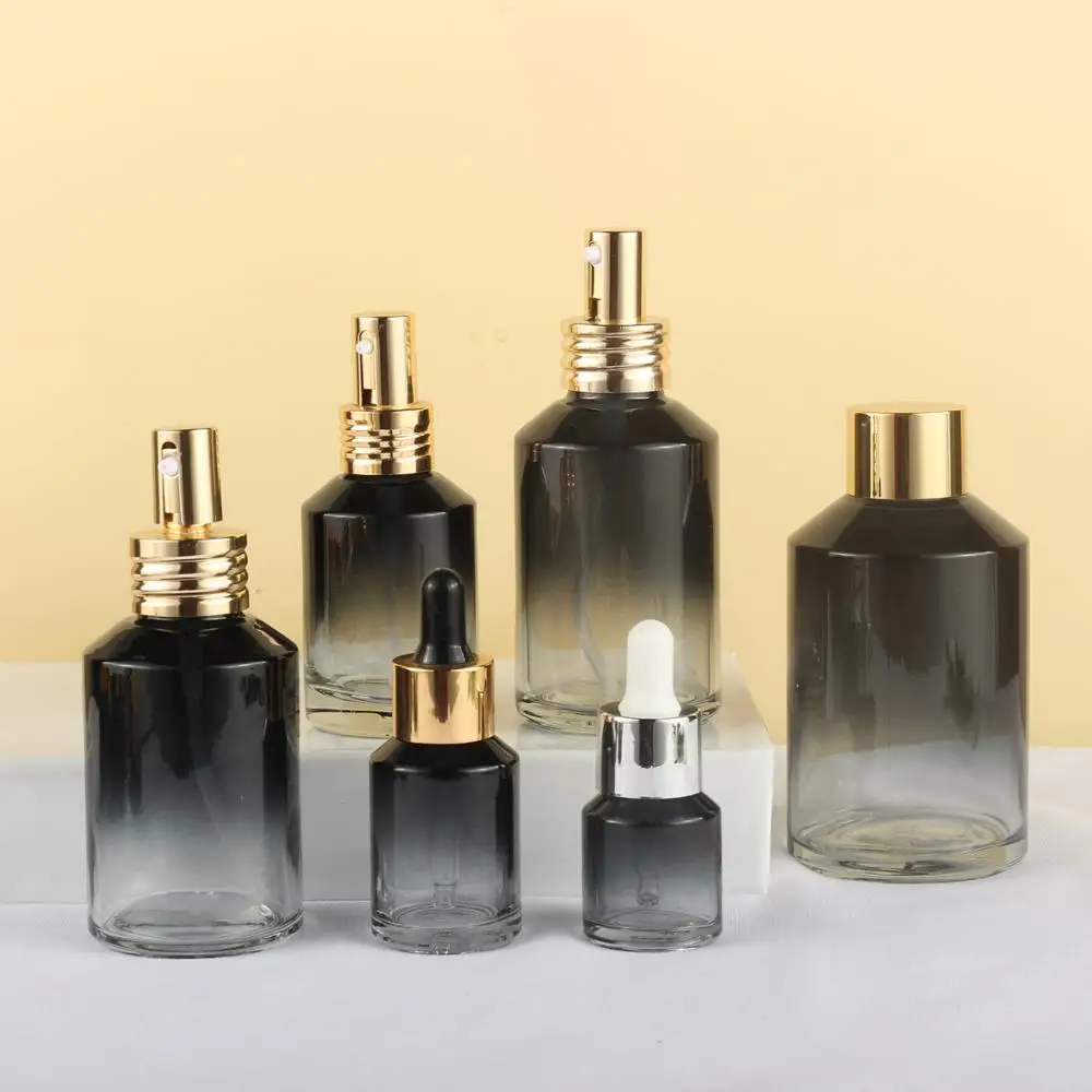 Full Set 50 Ml Black Gradient Lotion Serum Cream Bottle Pump Cosmetic Packing Glass 120Ml