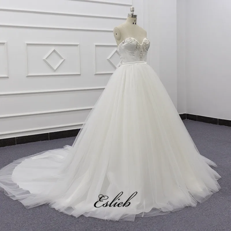 Eslieb 2019  new women sleeveless ivory wedding dress satin beautiful  bead long ball gown