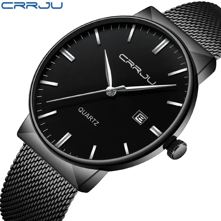 
Wholesale CRRJU Mens Watches Top Luxury brand steel Slim Quartz Black Watch For Men 