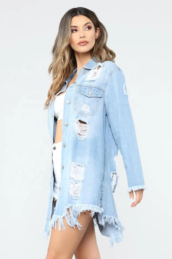 KY Buttons For Clothing Denim Jacket Women Wash Distressed Long Sleeve Dresses Knee Length