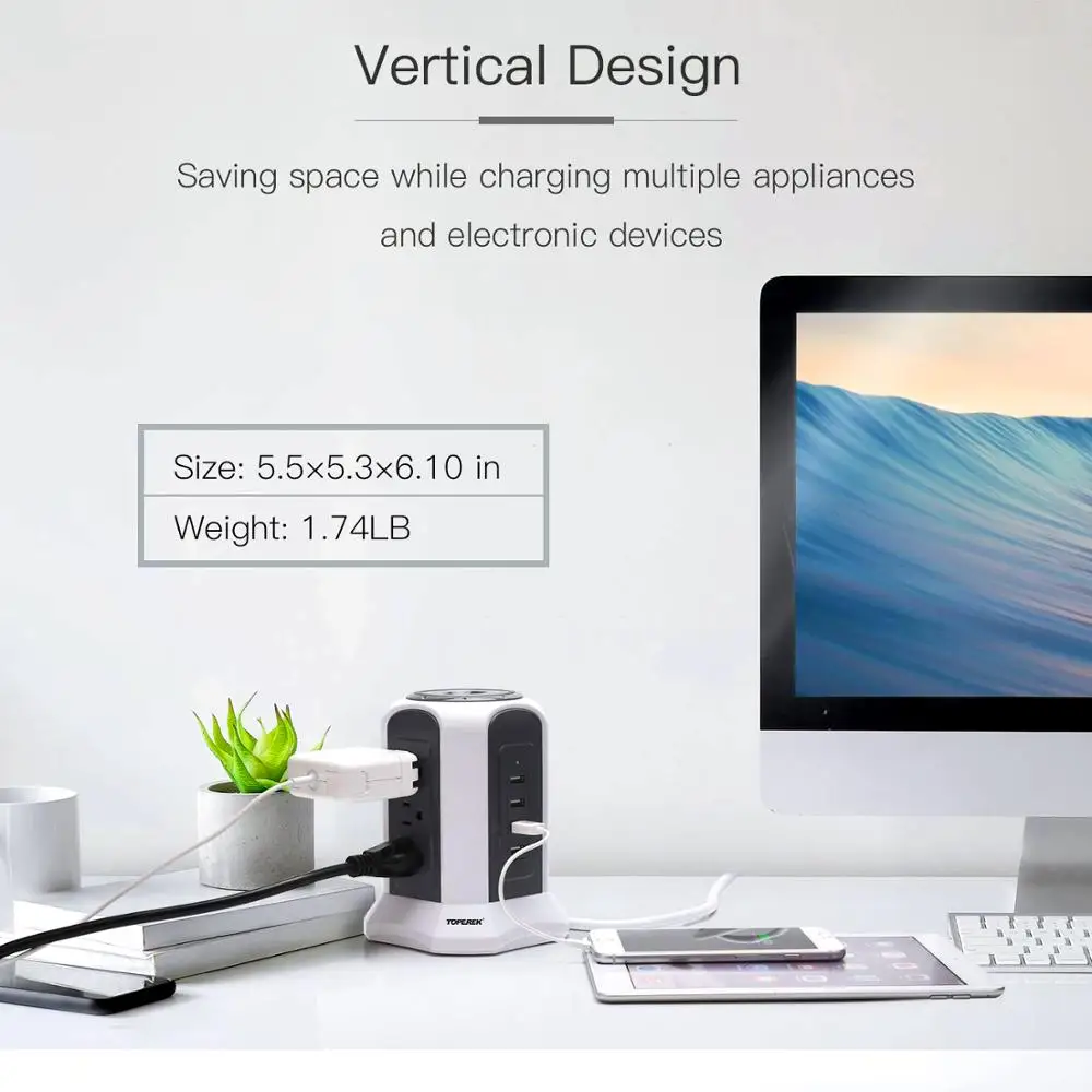 Power Strip with USB,Vertical cube desktop Power Outlets extender with 6 outlets 4 USB suit for Germany, Netherlands, Denmark